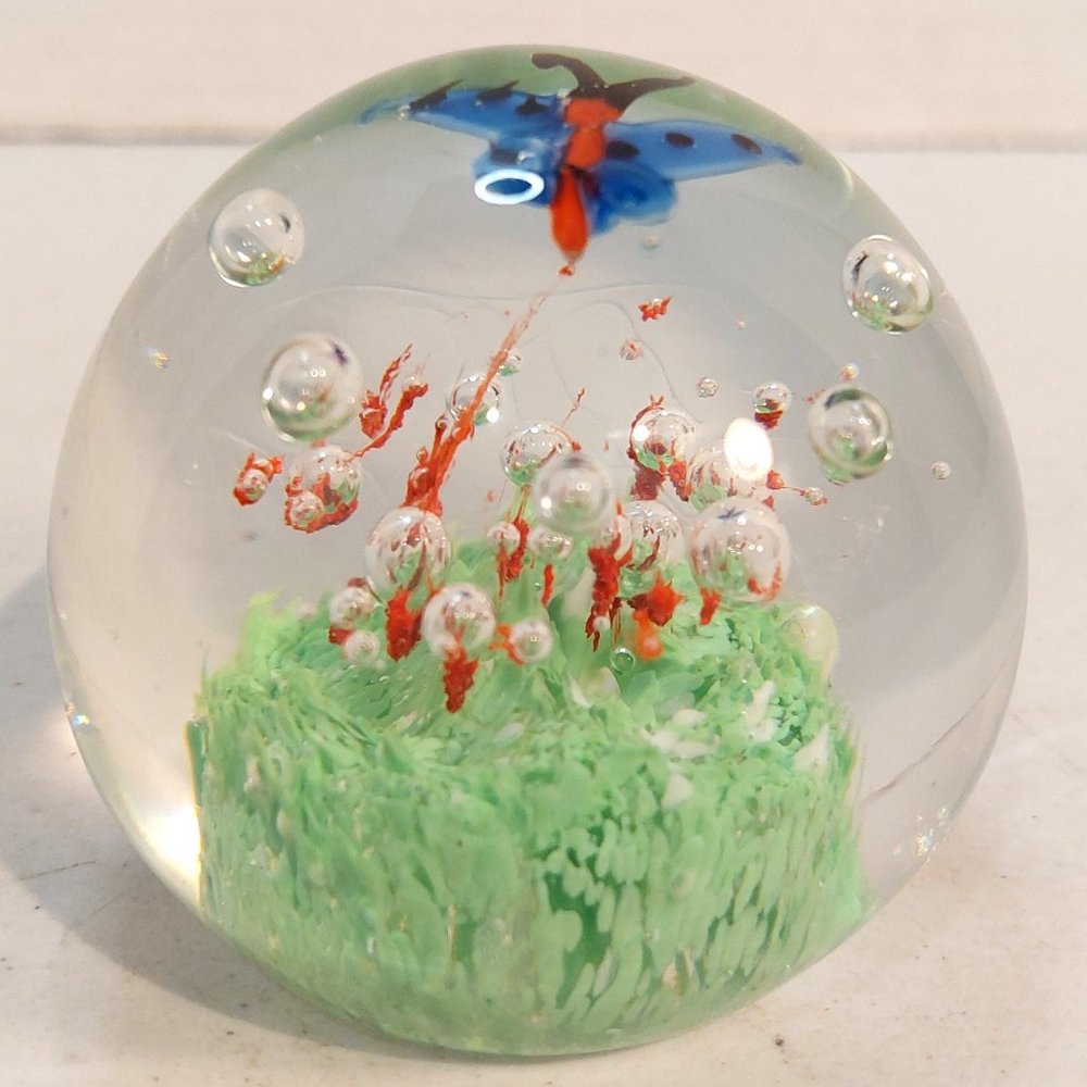 Vtg Murano Style Glass Butterfly and Bubbles Paperweight